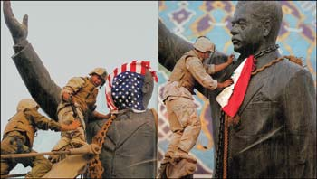 Left. © Ron Haviv. American Flag on Statue of Saddam, Baghdad, 2003. VII for Newsweek.
Right. © Laurent Rebours. Iraq Flag on Statue of Saddam, Baghdad, 2003. AP.